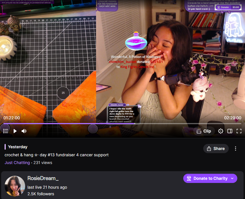 Picture of RosieDream's Stream, with Rosie Dream shocked over chimchim_bucket's $451.01 donation for the fundraiser for King Fights Cancer Foundation.